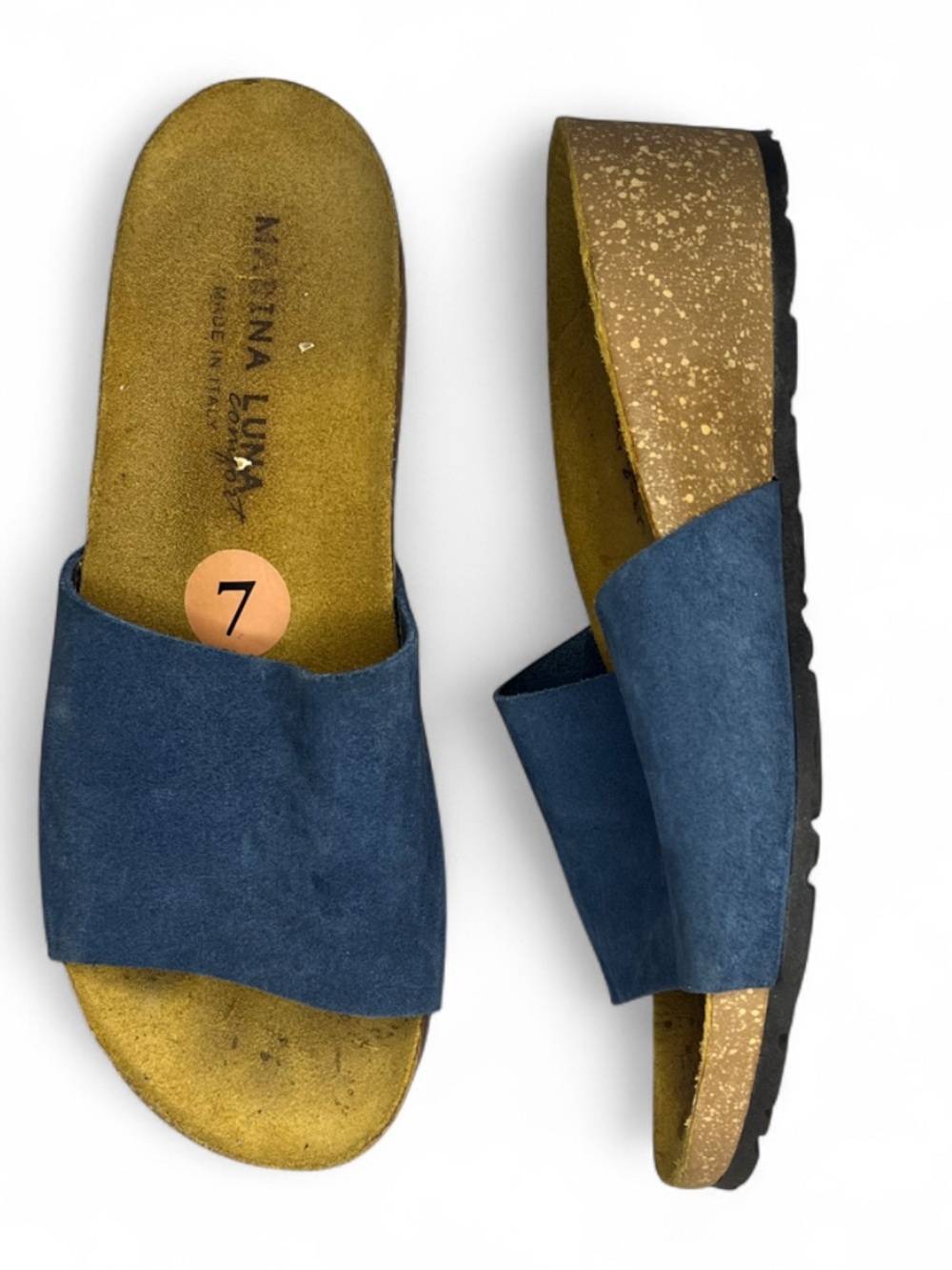 MARINA LUNA | Blue Leather Cork Wedge Summer Slide Sandals Women’s Size 7